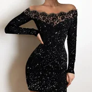 2022 European and American Amazon Lace One Shoulder Dress Hollow Flash Highlight Stretch Fabric Hip Skirt