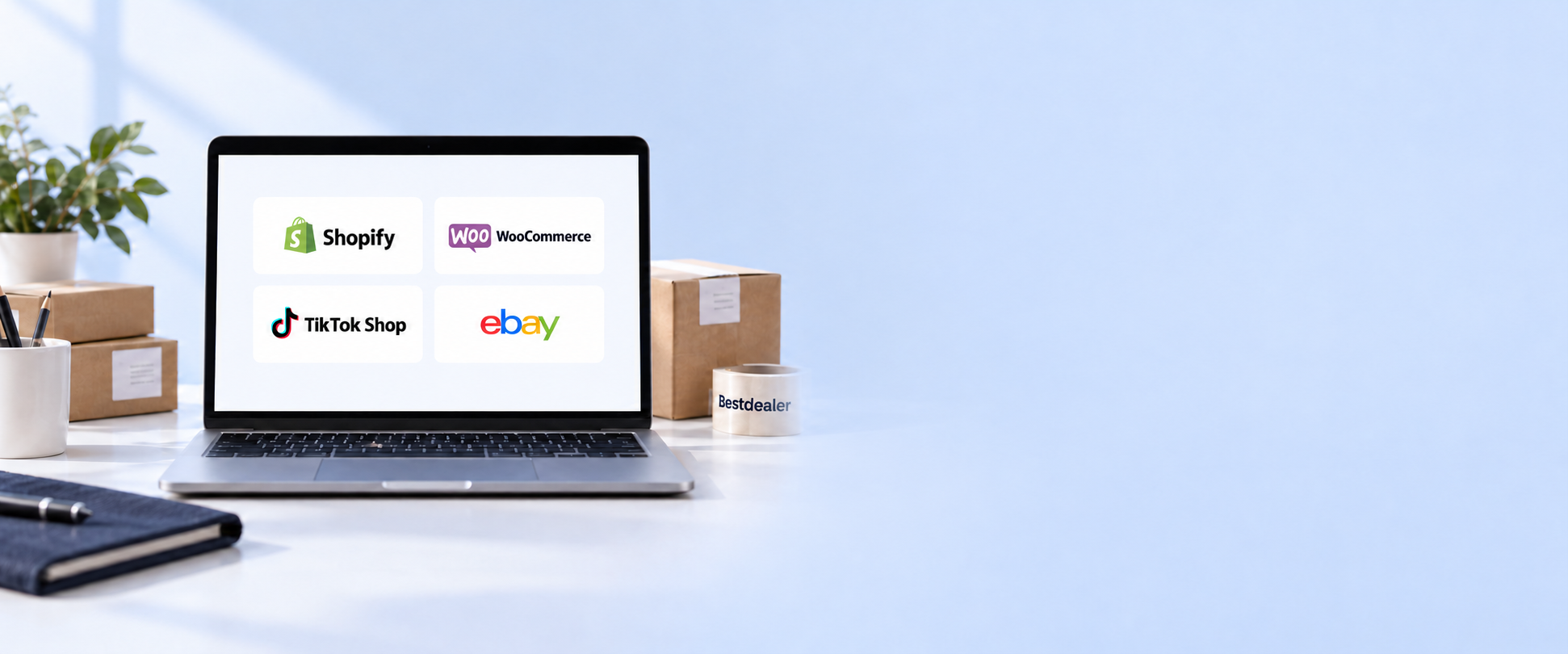 Laptop showing Shopify, WooCommerce, TikTok Shop and eBay, alongside parcels on a desk