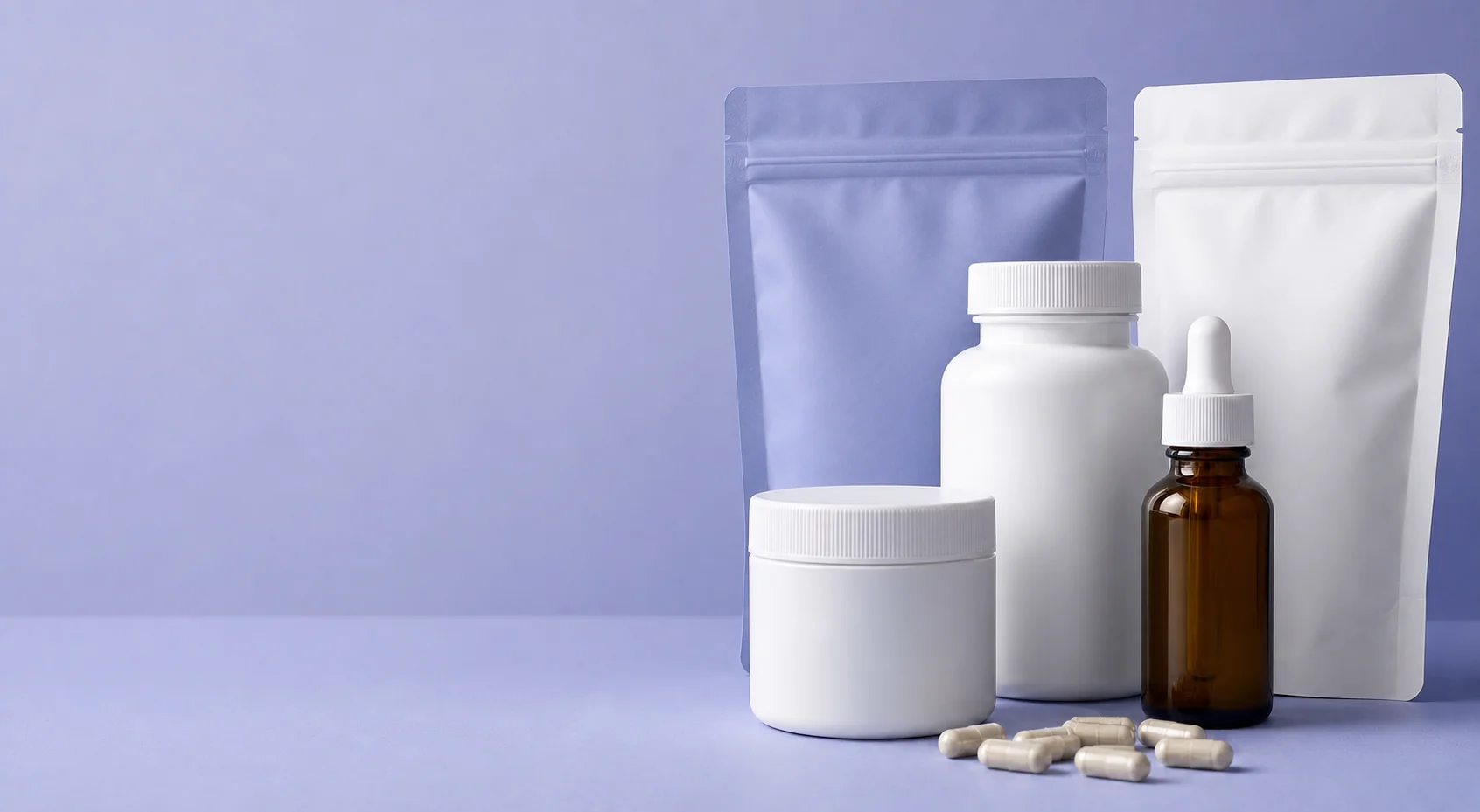 Unbranded supplement bottles, pouches, and capsules in a clean studio setting