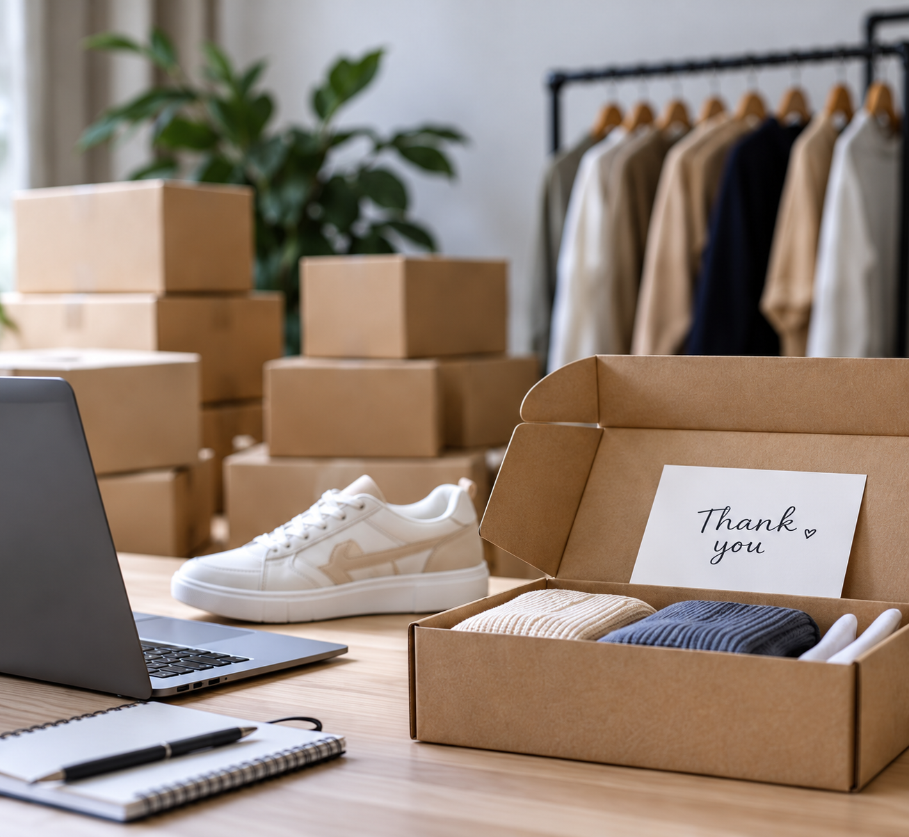 Apparel prepared in a parcel with product samples and received stock nearby